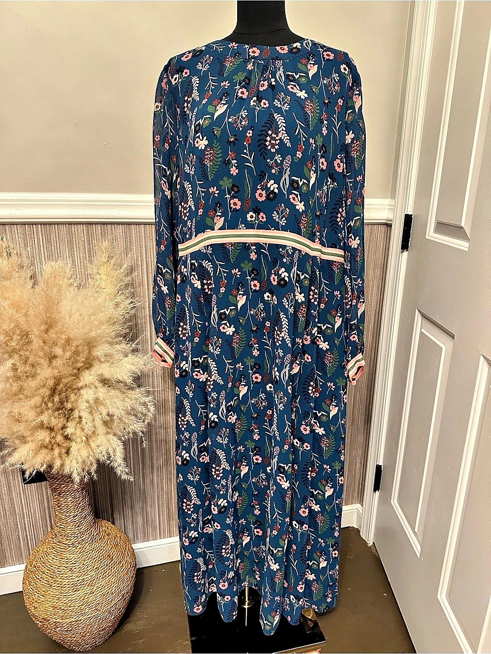 Boden NWT Floral Maxi Dress Blue Pink Long Sleeve US 16R